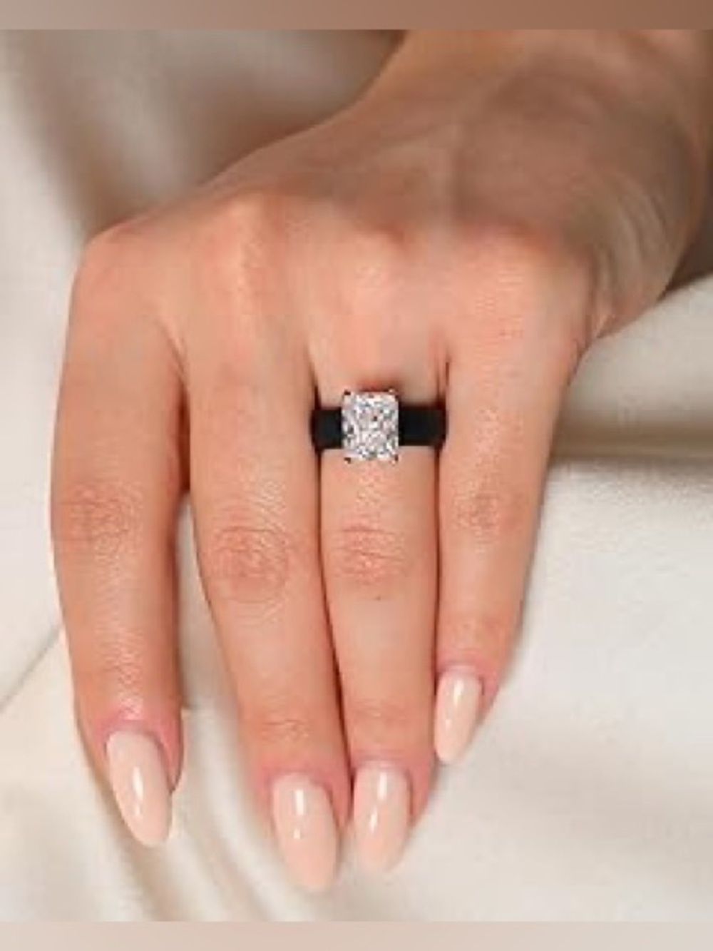 Black Silicone Band Ring Rose Gold Prong Emerald-Cut Stone Wedding Size 6 - Picture 3 of 7